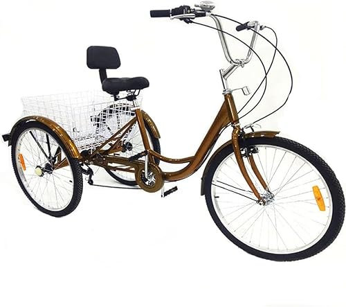 24 Zoll Fahrrad 6 Gang Erwachsenen Dreirad 3-Rad Fahrrad mit Großen Korb Rückenlehne Sitz, Einfache Moderne Stadt Dreirad für Männer Frauen Gold