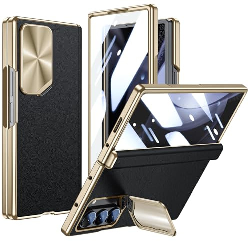 spoovcto für Samsung Galaxy Z Fold 6 Lederhülle: Integrierte Kamera-Abdeckung Standfuß, Magnetischer Scharnier Schutz, Top Nappa Leder, 9H Displayschutz, Schlanke Weiche Handyhülle für Fold 6, Schwarz