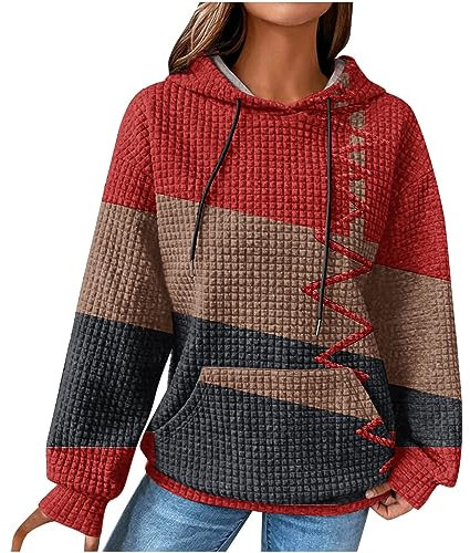 Kapuzenpullover Damen Hoodie Waffel Pullover mit Taschen Kordelzug Sweatshirt Einfarbig Langarmshirt Hoodie Damen Waffel Pullover mit Kapuze Casual Sweatshirt Langarm Kapuzenpullover Bunte Outfit