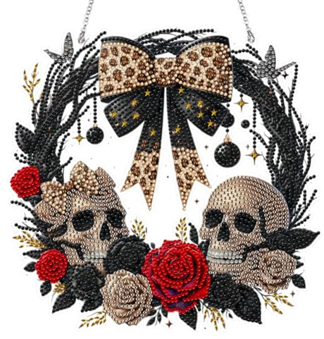 Generish DIY Halloween Diamond Painting Anhänger Einseitig mit Kette Totenkopf rose 5D Diamant Painting Kranz Fensterbilder Diamant Malerei Wandbehang Kits für Fenster Wand Und Eingang Decor