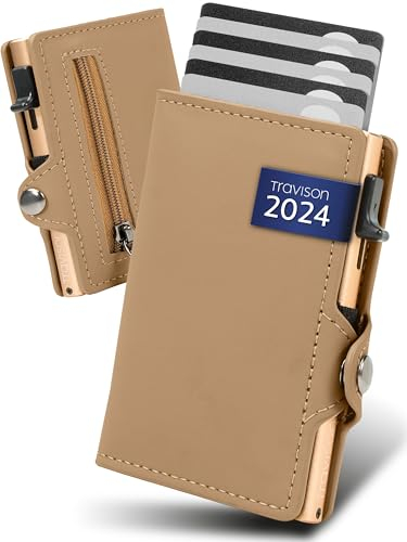 Travison® SMART Wallet für Frauen mit Münzfach und Geldscheinfach - Kartenetui mit Münzfach und Schnellzugriff - RFID-Schutz - Herren Geldbörse klein - Kreditkartenetui - Geldbörse mini (Dunkelbeige)