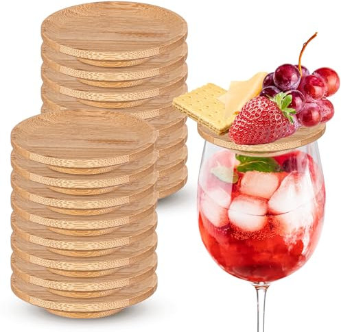 Mumufy 16 Pcs 4 Wine Glass Charcuterie Topper Bamboo Round Wine Glass Charcuterie Board Topper Dual Use Wine Glass Topper Appetizer Plates for Family Gatherings Bars Restaurants