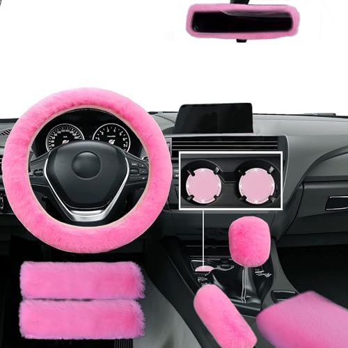 WenMei 9 Pieces Fluffy Car Accessories Set,Faux Fur Steering Wheel Cover Soft Fuzzy Steering Wheel Cover Plush Car Accessories Protector for Women Girls (Pink)