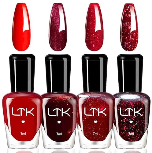 4PCS Rot Nagellack Set - Schnell trocknend & Langanhaltend Red Shimmer Nagellack - ungiftiger Nagellack auf Wasserbasis - kein UV-Nagellack für DIY Nagelkunst Maniküre zu Haus, Farbe Nagellack (Rot)