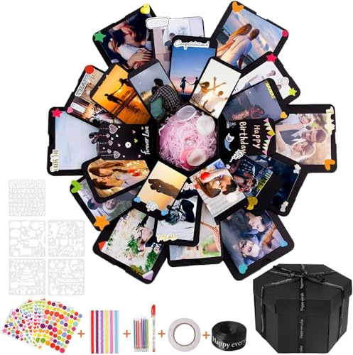 Überraschung DIY Explosion Geschenkbox, Explosionsbox mit 6 Gesichtern, Schwarz Explosion Box Fotoalbum, Kreative Pop Up Geschenkbox für Handgemachte DIY Fotoalbum Scrapbook, Geburtstag, Valentinstag,