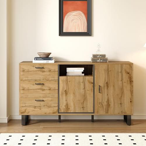 BTM Buffet en Bois, Armoire de Rangement avec 3 Tiroirs, 2 Portes et Rangement Ouvert, Buffet Conception à Blocs de Couleurs, Charge de 120kg, 150x38x76.5cm, Bois Naturel
