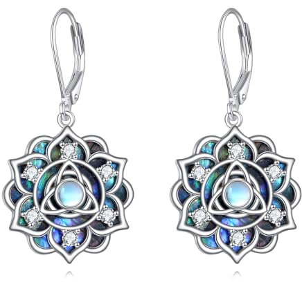 URONE Lotus Ohrringe Silber 925 Lotus Ohrringe Hängend Mondstein Tropfen Ohrhänger Lotus Blume Schmuck Geschenk für Damen