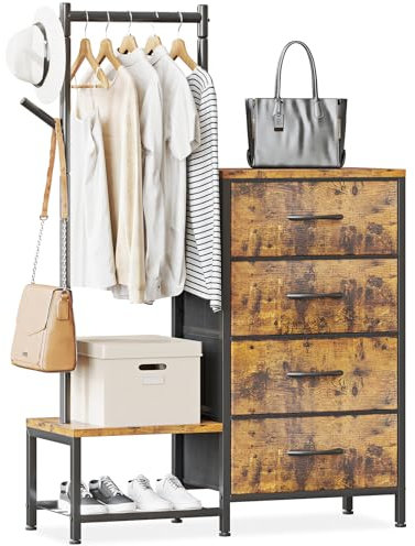 ODK Commode Chambre Adulte 3 en 1, avec Portant a Vetement et Deux Crochets, Double Etagere Chaussure, Contient 4 Tiroirs à Tissus en Convient pour la Chambre à Coucher et L'entrée, Couleur Rétro