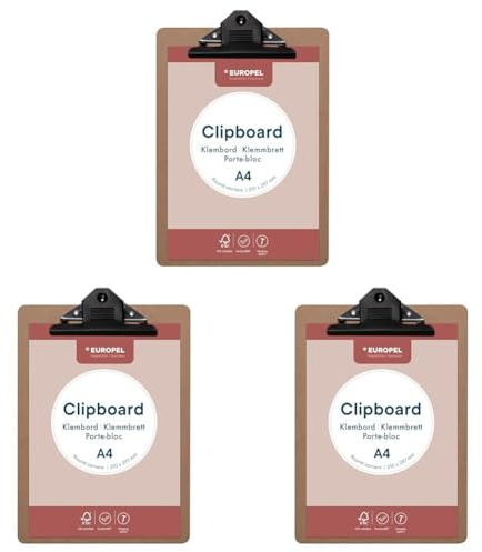 EUROPEL Klemmbrett aus Holz, A4, Hochformat, FSC-zertifiziert, MDF, mit schwarzem Metallclip, für Klassenzimmer, Büro, Geschäft, Restaurant, Lager, 325x230x3mm (Packung mit 3)