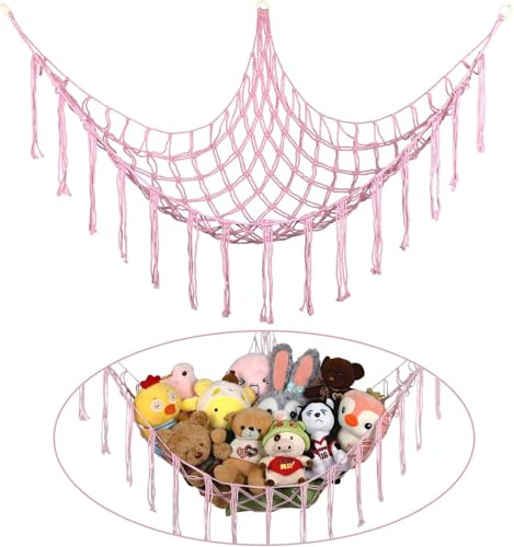 Kuscheltier Aufbewahrung Netz, 2er Set Boho Stofftier Hängematte aus Baumwolle für Ecke, Platzsparender Spielzeug Organizer für Kinderzimmer, Handgewebtes Aufbewahrungsnetz mit Haken (Rosa)