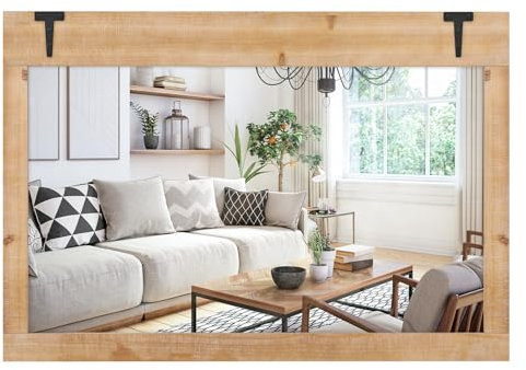 GOPLUS Espejo de Pared, Espejo de Tocador con Marco de Madera de Abeto Rústico, 97 x 67 CM Espejo Rectangular de Baño, Suspensión Vertical/Horizontal, Espejo de Pared para Decoración Salón Dormitorio