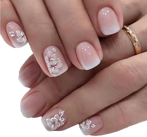 XYTAHDM 24 Pcs Blanc Floral Carrés Faux Ongles Court Motif,Carré Nude Rose Dégradé Blanc Fleurs Print Summer Press on Nails,pour Femmes et Filles DIY Manucure