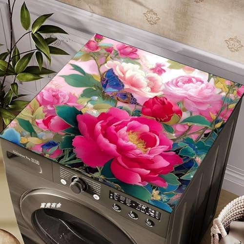 Hixingo Motif 3D Housse de Machine à Laver, Antidérapant Tapis pour Plan de Travail Machine à Laver et Seche Linge, Anti-Poussière Protection Contre les Rayures (Pivoine rose,40x50cm)