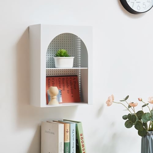 [en.casa] Wandregal Jäller Hängeregal Schweberegal offen Wohnzimmer Schlafzimmer Wandboard mit Rückwand in Rattanoptik 40 x 30 x 13 cm Metall Weiß