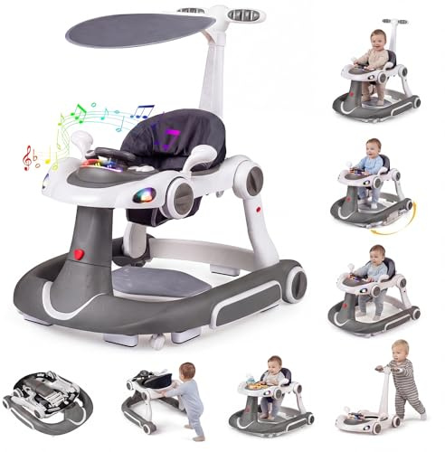 COSTWAY 7 in 1 Lauflernhilfe mit Verdeck, Baby Walker ab 6 Monate (Grau) | Lauflerwagen klappbar mit einstellbarer Höhe & Geschwindigkeit, Gehfrei Baby mit Spielboard, Musik, Licht & Rädern