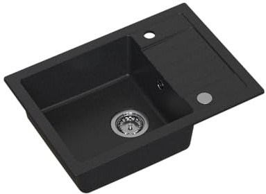 HOMEVELLO Spülbecken MOXY Einbecken Granitspüle 62x44x17,5cm Schwarz, Hochwertige Küchenspüle mit Siphon, Abtropffläche, Pflegeleicht, Kratzfest, Moderne Design, Perfekt für jede Küche