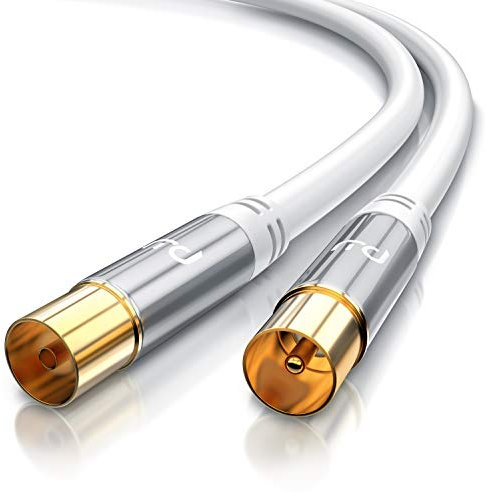 CSL-Computer 5m Cable de Antena HQ HDTV Premium - Factor de blindaje 135 dB - Resistencia 75 ohmios - Cable coaxial - Clavija coaxial Macho a Hembra - Carcasa metálica contactos Dorados - Blanco