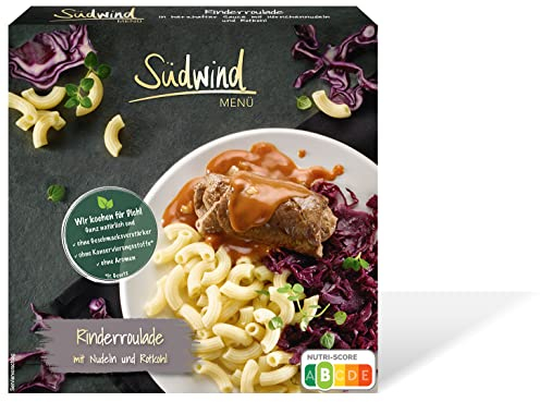 Herzhafte Rinderroulade in kräftiger Sauce mit Nudeln und Rotkohl – Fertiggerichte für die Mikrowelle / Wasserbad - Südwind Lebensmittel