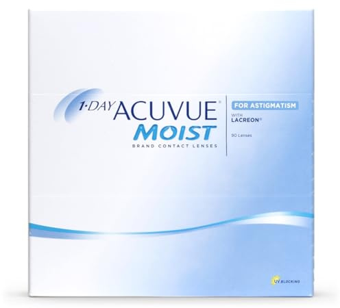 ACUVUE MOIST 1-DAY for Astigmatism Tageslinsen – Tageskontaktlinsen mit -5.00 dpt, Cyl -1.25, Ach 40 & BC 8.5 – UV Schutz, feuchtigkeitsspendend & angenehmes Tragegefühl – 90 Linsen