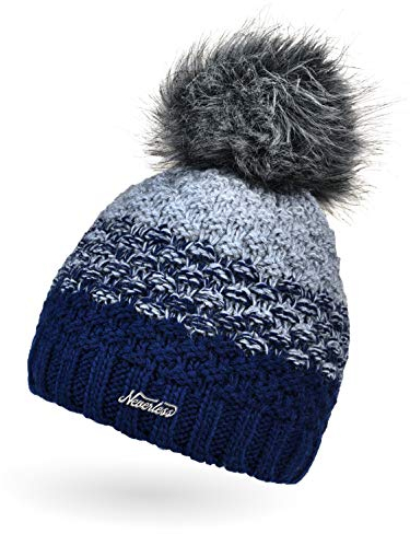 Neverless® Damen Strick-Mütze gefüttert Fleece-Innenfutter Fell-Bommel Kunstfell Winter-Mütze Bommelmütze Grobstrick Mehrfarbig Navy-hellgrau