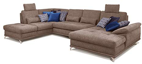 Cavadore Wohnlandschaft Castiel mit Federkern / Großes U-Form-Sofa mit Schlaffunktion, Bettkasten, Sitztiefenverstellung und Kopfstützen / 368 x 114 x 232 / Webstoff, Hellbraun