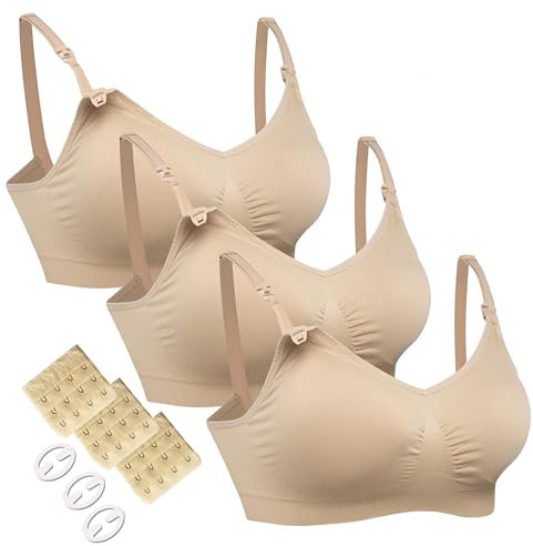 HOFISH Maternity Nursing Bras Seamless 3 Pack Sleep Bralette for Breastfeeding with Free Bra Extenders & Clips(Beige,XXL)