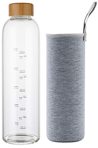 sunkey Bouteille d'eau en Verre 1L avec Bouchon Housse sans Bpa Réutilisable pour Sport, Gym, Voyage (Gris)