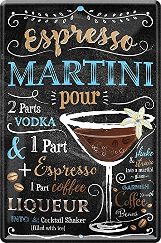 WOGEKA ART Retro Blechschild - Espresso Martini Cocktail Rezept - witziger Spruch als Geschenk-Idee zum Geburtstag Weihnachten zur Dekoration 20x30 cm Vintage-Design aus Metall 744