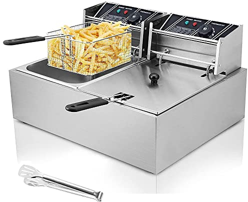 20 Litre 2500W x2 Electric Deep Fat Fryer with Lid Basket, Stainless Steel Commercial Single Tank Fryer with 6L Oil Capacity,Easy Clean and Adjustable Temperature Control (6L+6L Oil Capacity)