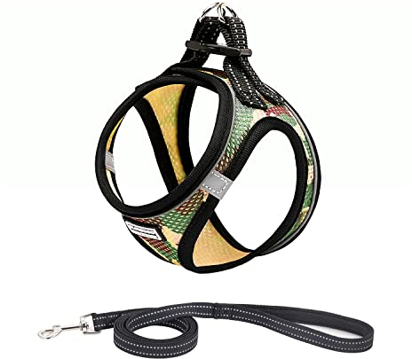 Suredoo Hundegeschirr mit Leine Anti Zug Geschirr Reflektierend Brustgeschirr für Kleine Hunde, Haustiere, Welpen, Katzen (L, Camo Grün)