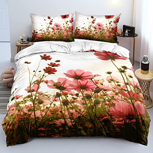 Gezu Bettwäsche 135x200cm Blumen 3D Grün Rosa Blumenwiese Blumenmuster Wende Bettwäsche Set Microfaser Bettbezug und Kissenbezug 80x80cm mit Reißverschluss