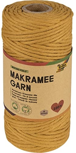 folia 24993 - Makramee Garn Mustard Field, 100 % Baumwolle, 100 m gedrehtes Garn in Senfgelb, Durchmesser 3,5 mm, zum Basteln und Knüpfen