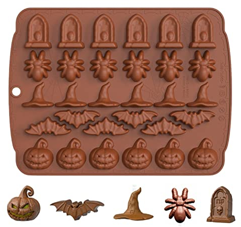 Halloween Silikonform, 1 Packung Halloween Schokoladenform mit 30 Vertiefungen, Süßigkeitenform, Kürbis, Fledermaus, Spinnenhut, Grabsteinform für Schokolade, Süßigkeiten, Gelee zum Selbermachen