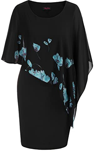 Hanna Nikole Übergröße Schöne Hüftkleid Damen Cape Festkleid mit Chiffon Overlay Black Floral Print XXL