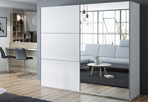 Kleiderschrank Vigo mit Spiegel 250 cm, Schwebetürenschrank, Garderobeschrank Schlafzimmer; Wohnzimmerschrank; Korpus Schrank Farbe: Weiss; Farbe der Schrankfront: Weiss; Mehrzweckschrank