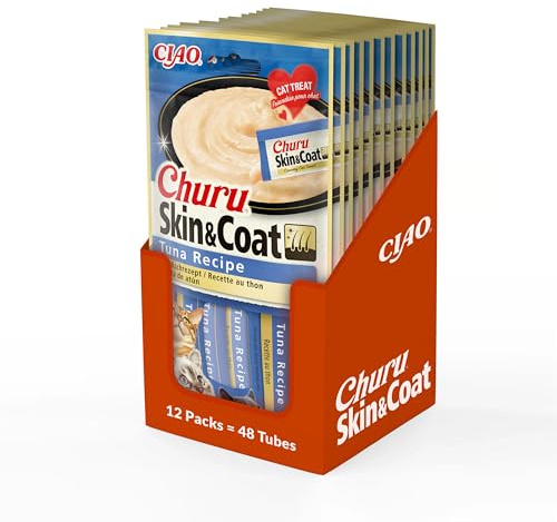 INABA Churu Skin & Coat Cat Treat - Tuna - 12 Packs (48 x 14g total) / Soft & Creamy Cat Treat, Delicious & Healthy Snack, Lickable Sticks, Purée Food Topper, Natural, Grain Free