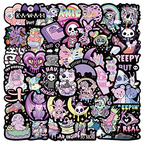 56PCS Pastel Goth Stickers - Cool Gothic Designs for Teens Boys & Girls - Vinyl Skateboard Guitar Door Laptop Luggage Car Bike Water Bottle Birthday Party Supplies