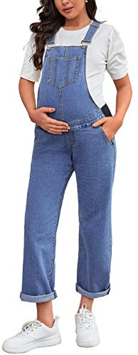 MOMOOD Salopette premaman Bib Gamba dritta Lunghezza alla caviglia Tuta in denim maternità per donna incinta, Blu denim, Large