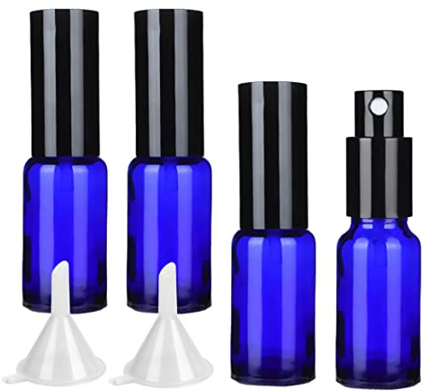 LusDoly 4 Stück, 20ml Blau Glas Sprühflasche Mit Schwarz Sprüher Nachfüllbar Sprühflaschen Leer für Blumen, Haare, Reisen, Reinigung, Gartenarbeit Kosmetik