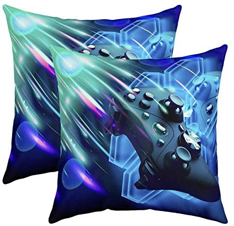 Gamepad 2er Set Kissenbezüge 50x50cm Jungen Videospiel Sofakissen Couchkissen für Couch Sofa Bett Auto Stuhl Garten Galaxis Gaming Controller Dekokissen Gamer Blau Hexagon Geometric Kissenhülle