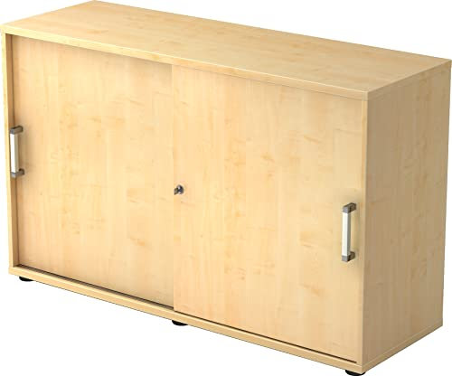 bümö Schiebetürenschrank 2OH - Aktenschrank abschließbar, Sideboard Schrank mit Schiebetüren in Ahorn, Chromgriff - Büroschrank aus Holz mit Schiebetür, Büro Kommode für Ordner & Co.
