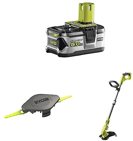 Ryobi RB18L50 ONE+ Lithium+ 5.0Ah Battery, 18 V & Ryobi Double Serrated Blades Head for RAC155 Edger Black & Ryobi OLT1832 ONE+ Cordless Grass Trimmer, 25-30cm Path (Zero Tool)