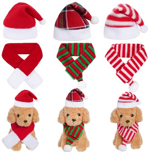 Jmkcoz 6-teiliges Weihnachtsmann-Mütze mit Schal, für Haustiere, Katzen, Hunde, Kostüm, Outfit, Set, Weihnachten, Urlaub, Party, Cosplay, Verkleidung, Zubehör für Welpen, Kätzchen (kariert)