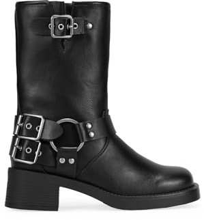 BOSANOVA Botines estilo biker con detalle de argolla metálica, hebillas decorativas en la caña y suela plana con ligero tacón de 4.7 cm. Cierre con cremallera. Calzado para mujer NEGRO 40