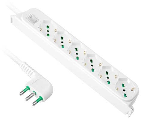 Ekon multipresa a ciabatta con 6 porte, per spine italiane, per prese schuko, spine europee, cavo da 1.5m, spina italiana 10A, interruttore luminoso, bianco