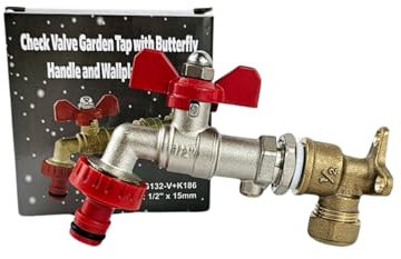 Wärmer System Outside 1/2 inch Garden Tap Wall Mounted with Check Valve and Wallplate Elbow Fixture (Garden Tap with Butterfly Handle and Hose Connector)