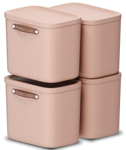 Rotho Maloja 4er-Set Aufbewahrungsbox mit Deckel 25 L Stapelboxen Rosa | Sicher stapelbar, mit Trageriemen zum bequemen Umstellen, vier Boxen mit je 25 l, rosa, für Küche, Bad und Kinderzimmer