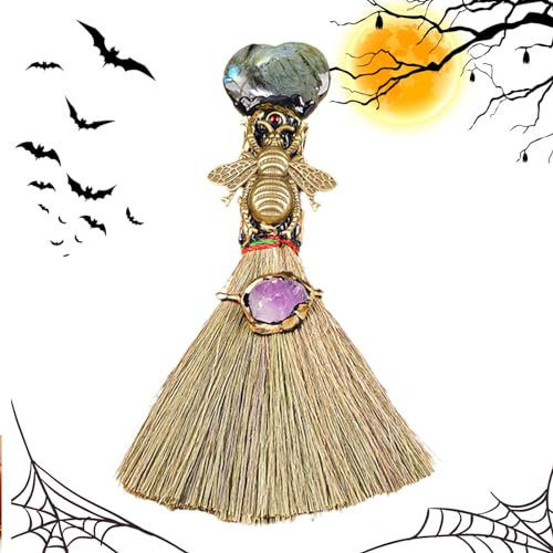 PUCHEN Escoba de altar de bruja | Escoba ritual wicca pequeña natural, decoración del hogar en miniatura, puntos de varita de cristal, llavero colgante artesanal, decoración de pared