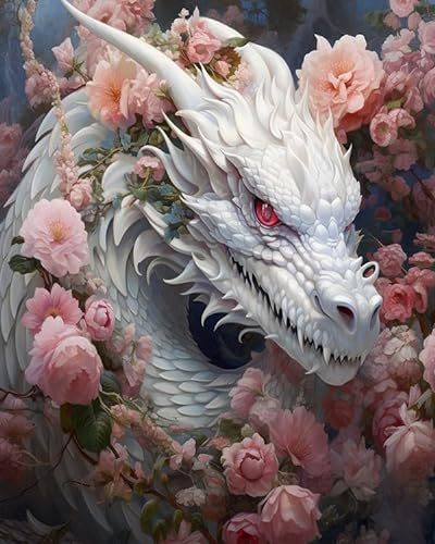 PIPISKY Malen-nach-Zahlen-Sets für Erwachsene,Fantasy-Drache verschanzt zwischen Blumen,Künstlerische Reise: Von Zahlen zur ölgemalten Eleganz,40x50cm,Ohne Rahmen