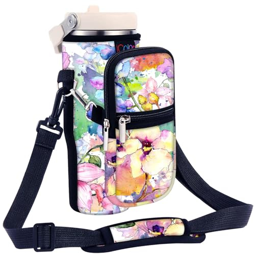 iColor Water Bottle Carrier Bag for Stanley IceFlow Flip Straw Tumbler 20oz Mug - Neoprene Sleeve Cup Accessories Pouch Crossbody Sling for Travel Fitness